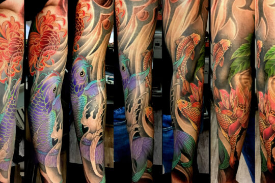 Tatouage japonais de carpe koi réalisé par un tatoueur à Aix-en-Provence