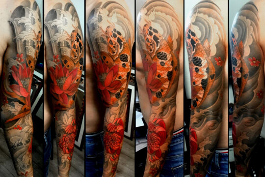 Tatouage japonais de carpe koi rouge