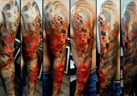 Tatouage japonais de carpe koi rouge