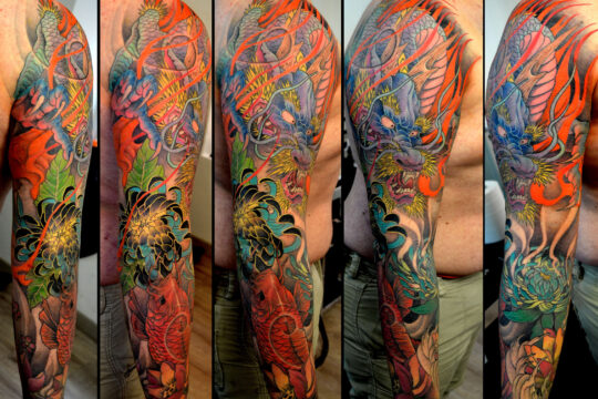 Tatouage japonais de dragon réalisé par un tatoueur à Aix-en-Provence