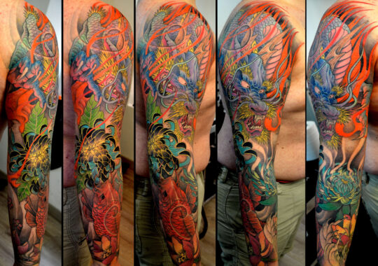 Tatouage japonais de dragon réalisé par un tatoueur à Aix-en-Provence