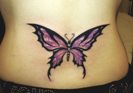 Tatouage de papillon violet sur le bas du dos