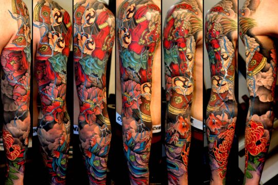 Tatouage japonais de raijin réalisé par un tatoueur à Aix-en-Provence