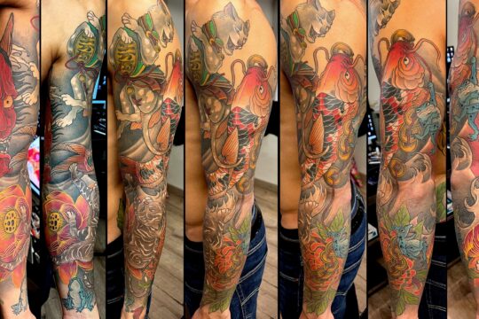 Tatouage japonais de chat et carpe koi