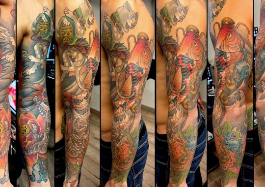Tatouage japonais de chat et carpe koi