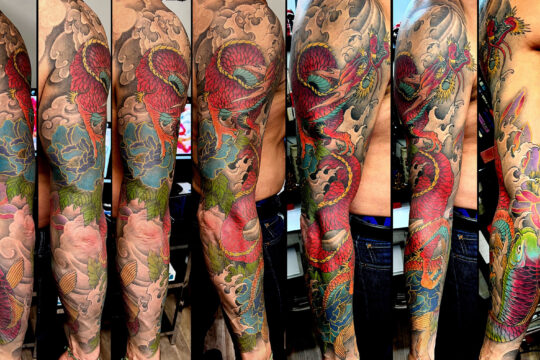 Tatouage japonais de dragon sur le bras par un tatoueur à Aix-en-Provence