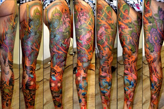 Tatouage japonais fudo myoo réalisé par un tatoueur à Aix-en-Provence