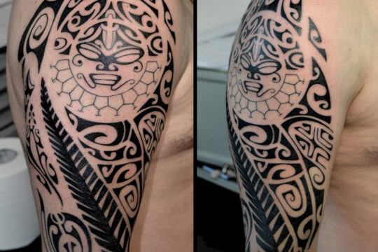 Tatouage maori polynésien de tikki réalisé par un tatoueur à Aix-en-Provence